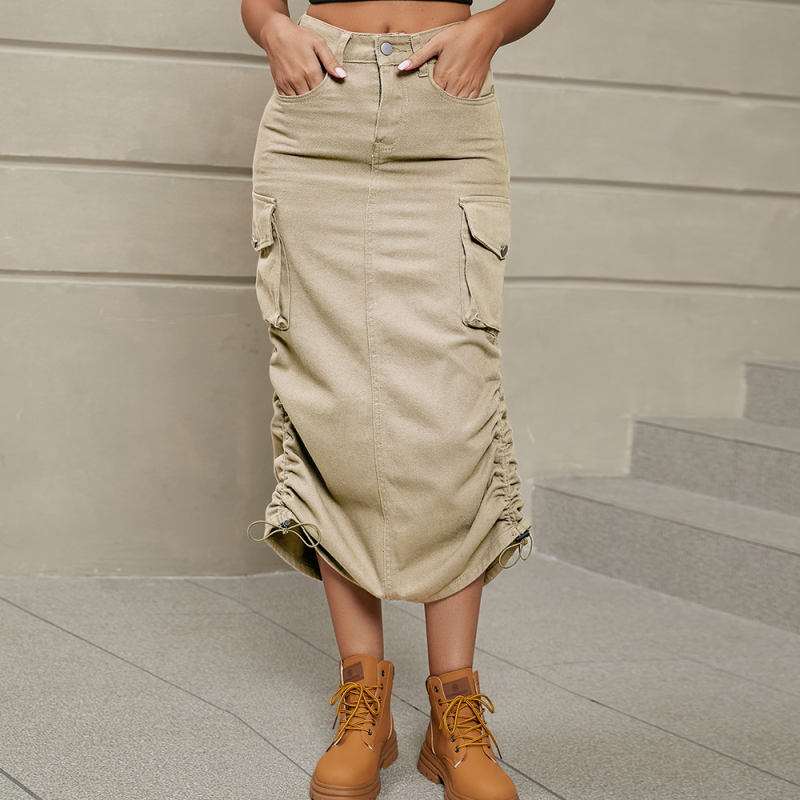 Khaki Multi Pockets Sides Drawstring Midi Skirt TQH360099-21