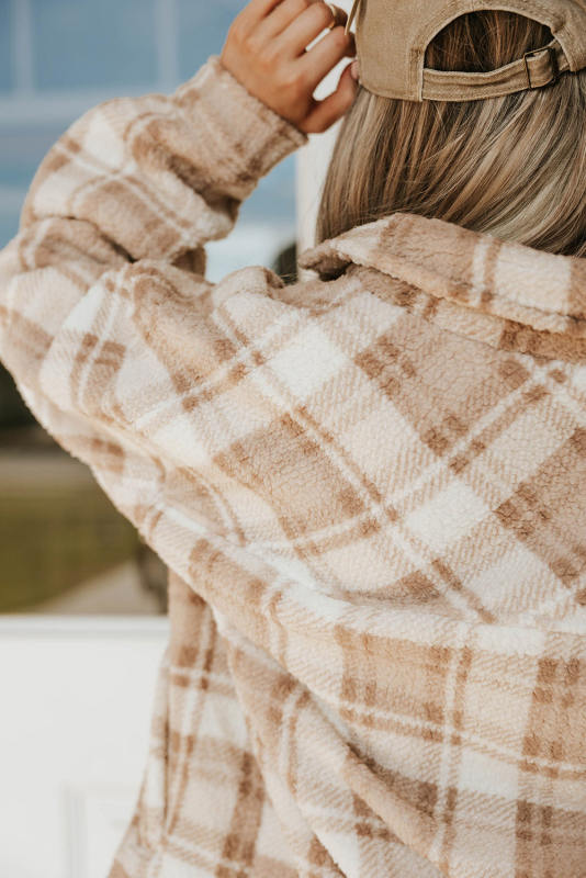 Khaki Sherpa Plaid Button Pocketed Jacket LC8512766-16