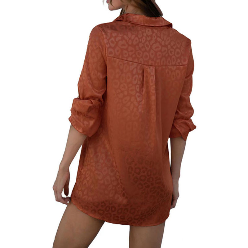 Brown Leopard Print Satin Jacquard Shirt TQG220028-17