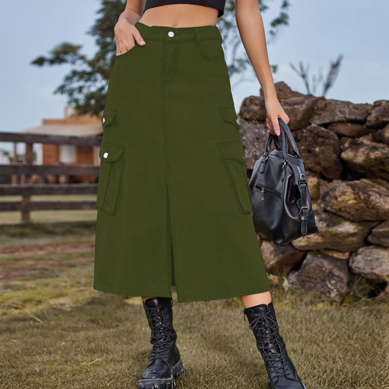 Army Green Elastic Waist Pocket Casual Midi Skirt TQH360095-27