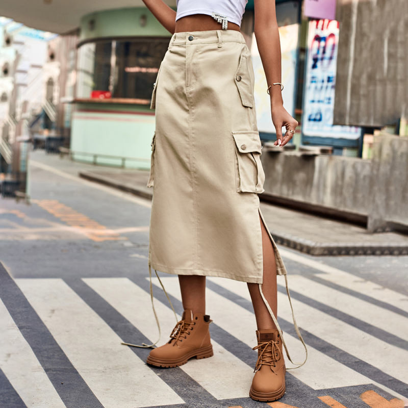 Khaki Side Drawstring Casual Midi Skirt TQH360097-21