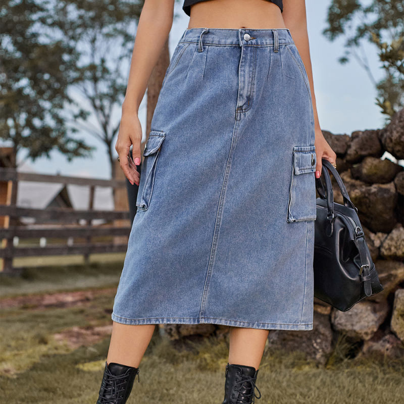 Blue Washed Denim Midi Skirt with Pockets TQH360096-5