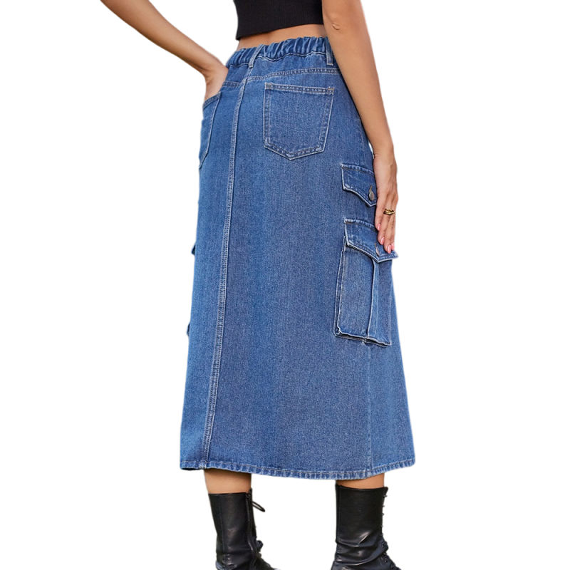 Blue Elastic Waist Pocket Casual Midi Skirt TQH360095-5