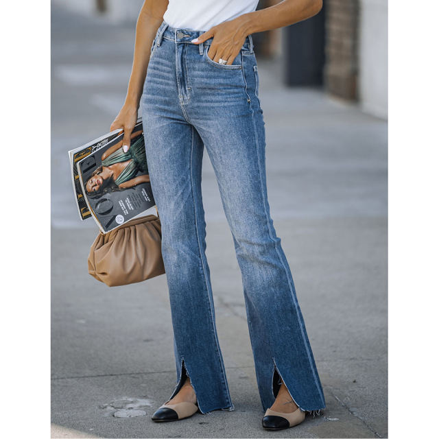 Blue High Waist Flared Jeans with Slits TQH510096-5