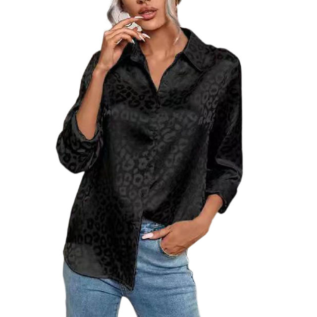 Black Leopard Print Satin Jacquard Shirt TQG220028-2