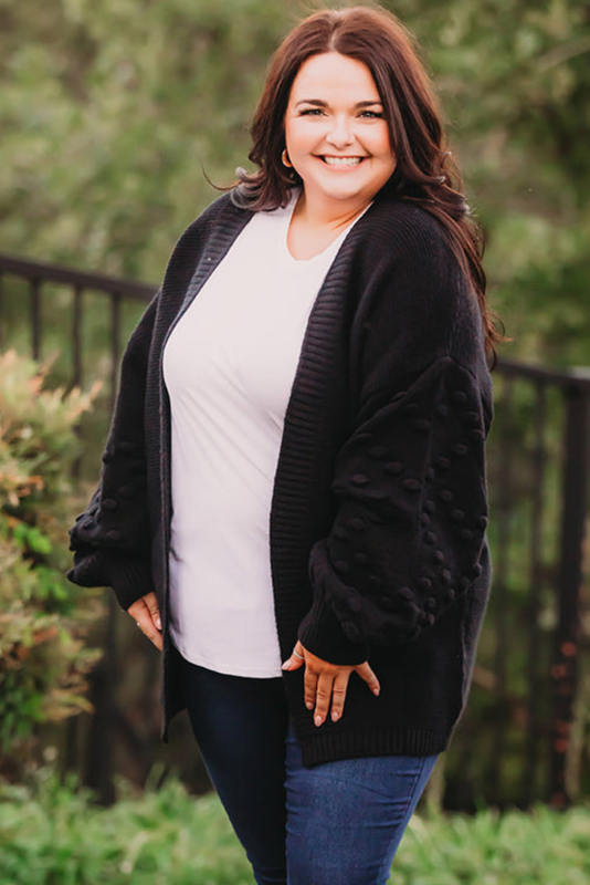 Black Pom Pom Detail Open Front Plus Size Cardigan PL271028-2