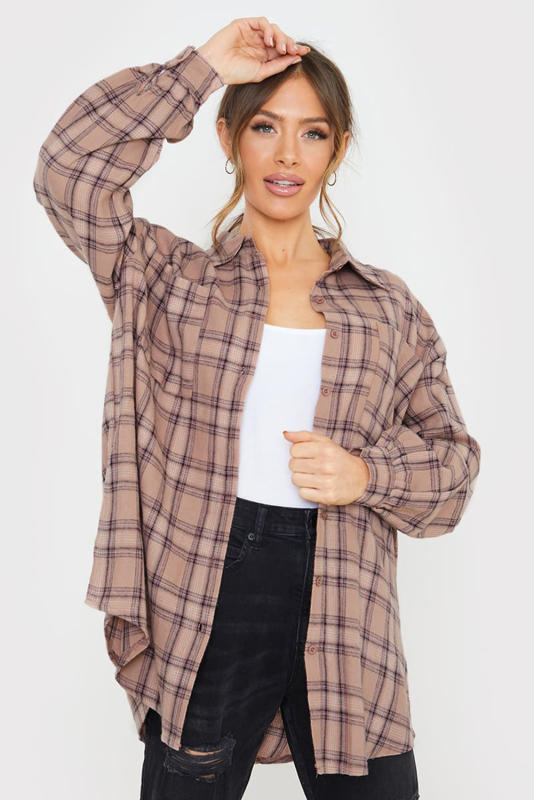 Pink Plus Size Plaid Print Buttoned Oversized Tunic Shirt  PL255120-10