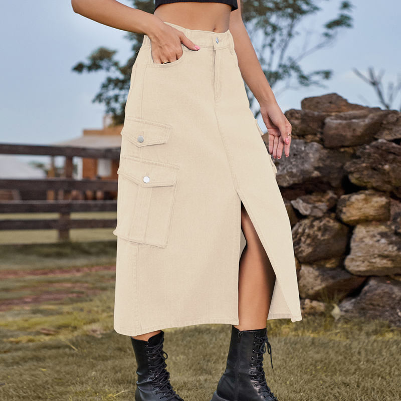 Khaki Elastic Waist Pocket Casual Midi Skirt TQH360095-21