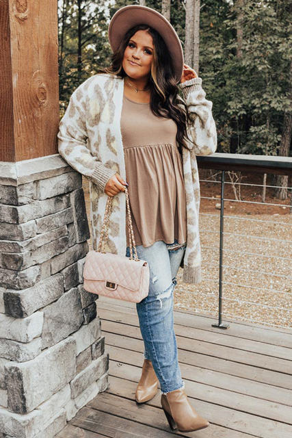 Beige Plus Size Leopard Pattern Cardigan PL271032-15