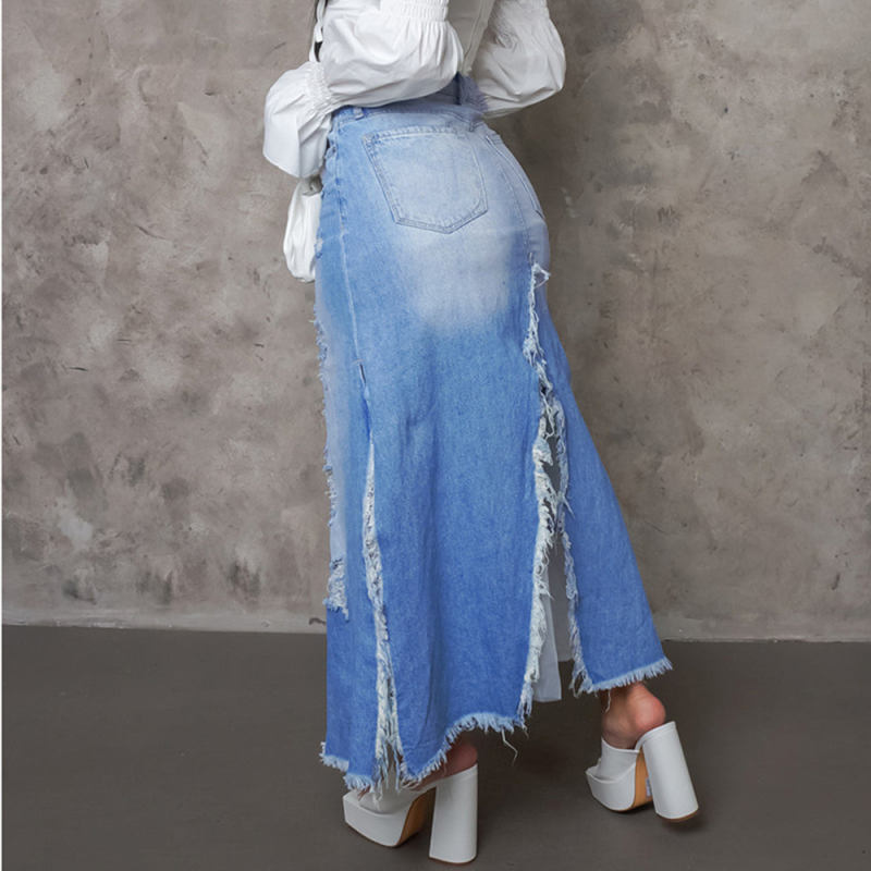 Blue Distressed Raw Hem Split Denim Skirt