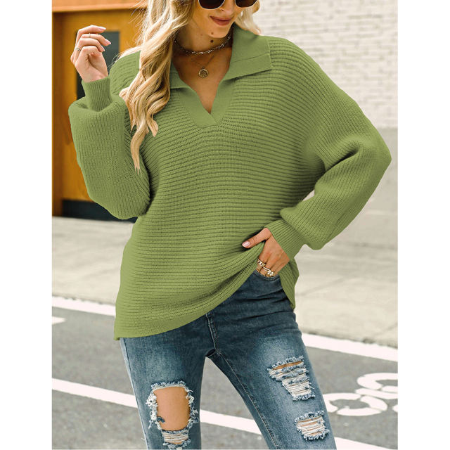 Green Lapel Collar Knit Pullover Oversize Sweater TQH270096-9