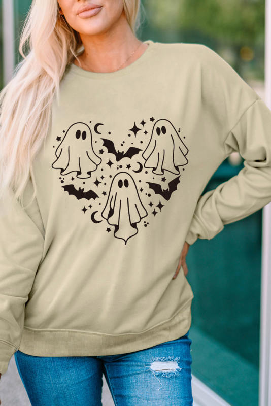 Khaki Halloween Ghosts and Bats Heart-shaped Graphic Sweatshirt LC25315212-16
