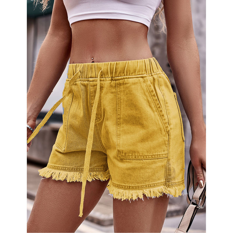 Yellow Drawstring Elastic Waist Denim Shorts TQH530086-7