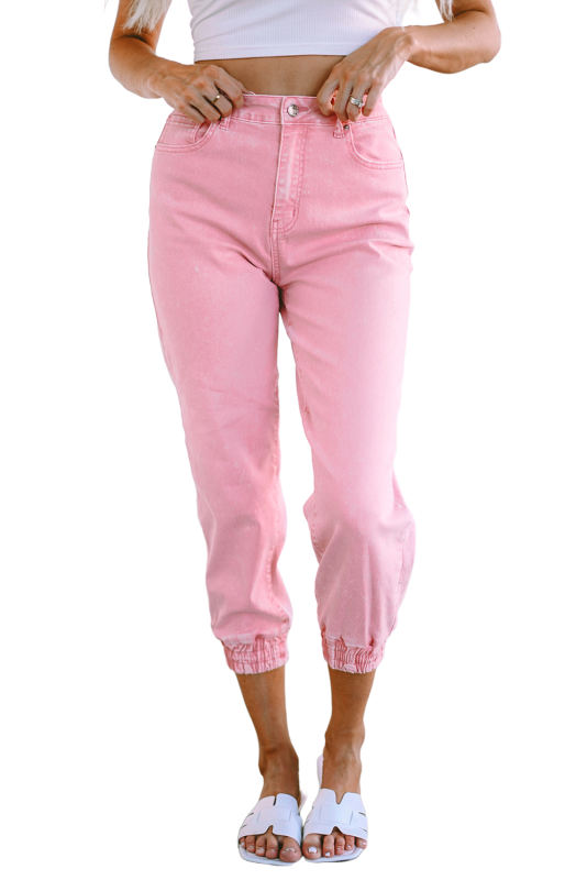 Pink Acid Wash Elastic Cuffed High Waist Jeans LC7873763-10