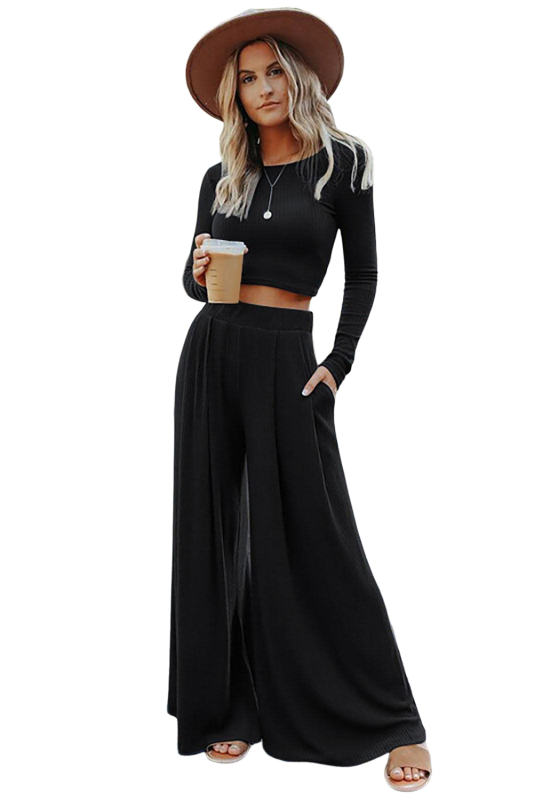 Black Solid Color Ribbed Crop Top Long Pants Set LC625150-2