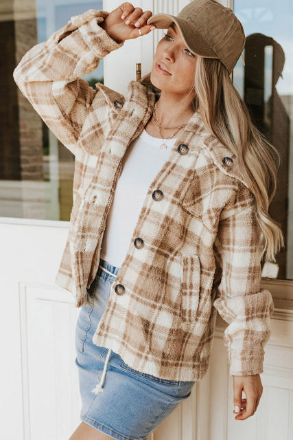 Khaki Sherpa Plaid Button Pocketed Jacket LC8512766-16