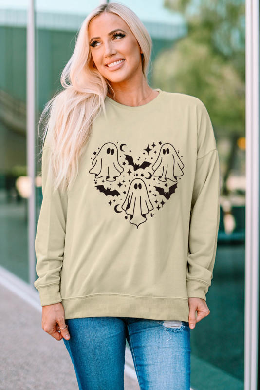 Khaki Halloween Ghosts and Bats Heart-shaped Graphic Sweatshirt LC25315212-16