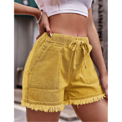 Yellow Drawstring Elastic Waist Denim Shorts TQH530086-7