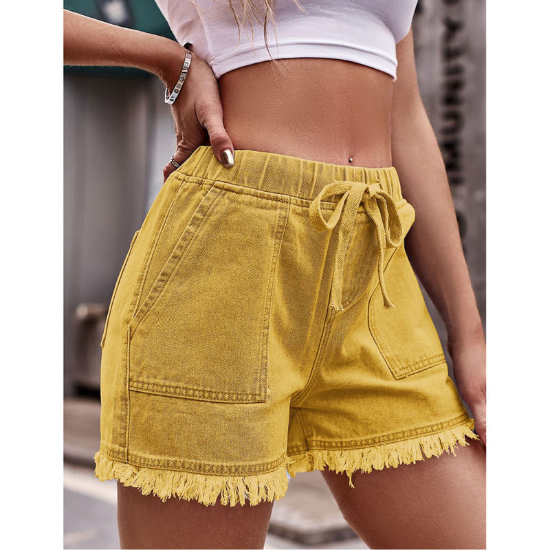 Yellow Drawstring Elastic Waist Denim Shorts TQH530086-7