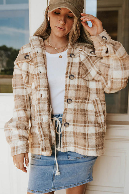 Khaki Sherpa Plaid Button Pocketed Jacket LC8512766-16