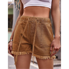 Caramel Drawstring Elastic Waist Denim Shorts TQH530086-56