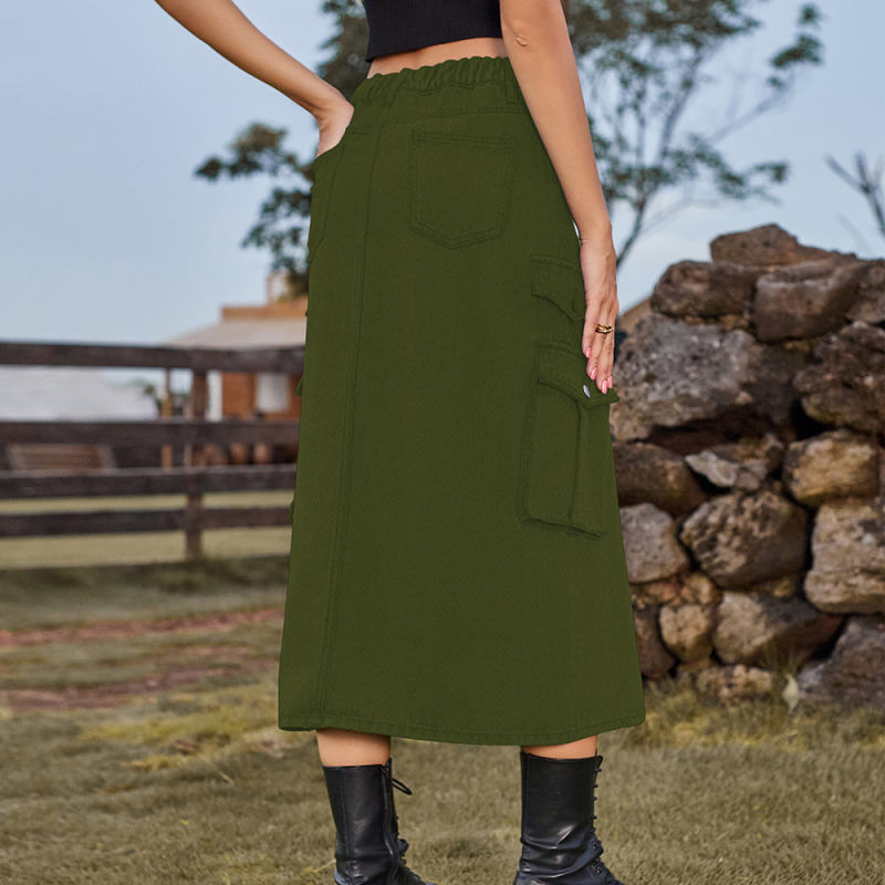 Army Green Elastic Waist Pocket Casual Midi Skirt TQH360095-27