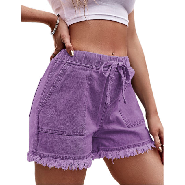 Purple Drawstring Elastic Waist Denim Shorts TQH530086-8