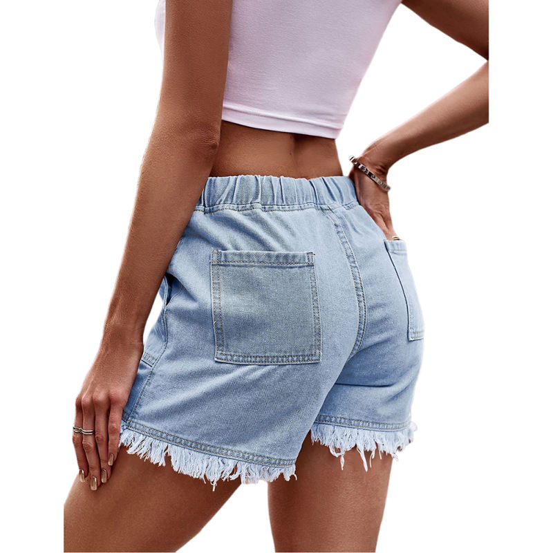 Light Blue Drawstring Elastic Waist Denim Shorts TQH530086-30