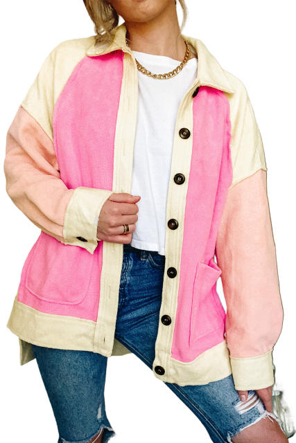 Rose Color Block Patchwork High Low Fleece Shacket LC8512803-6