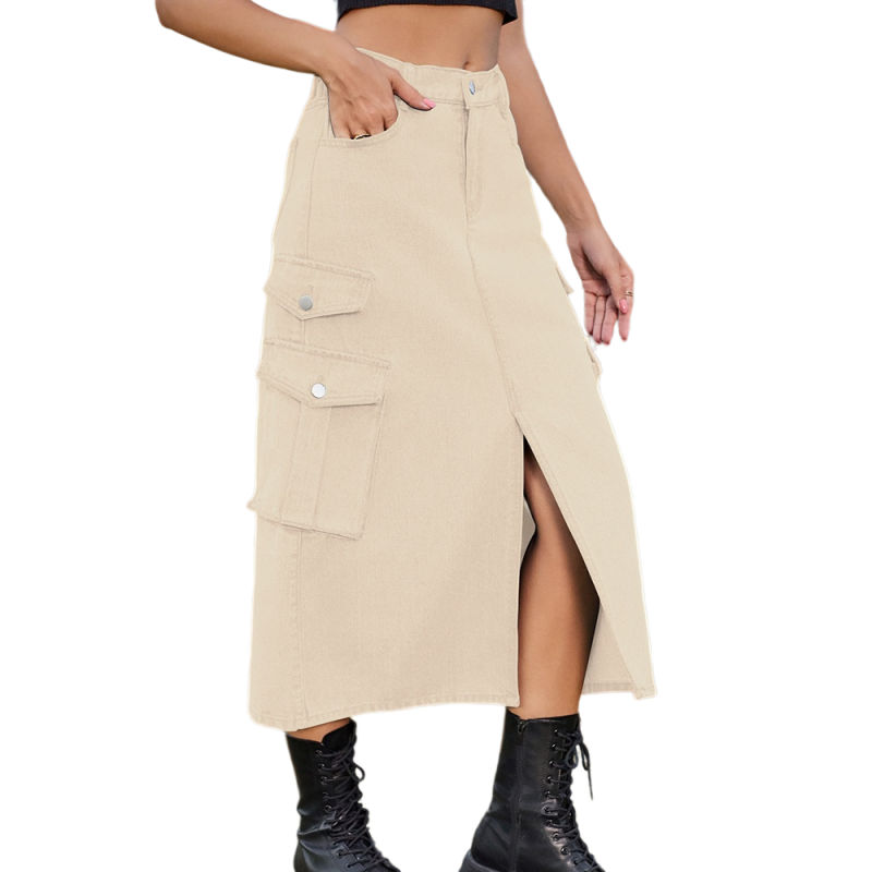 Khaki Elastic Waist Pocket Casual Midi Skirt TQH360095-21