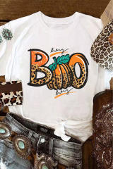 White BOO Pumpkin Leopard Print Crew Neck T Shirt LC25222629-1