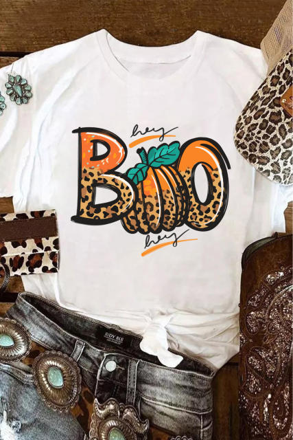 White BOO Pumpkin Leopard Print Crew Neck T Shirt LC25222629-1