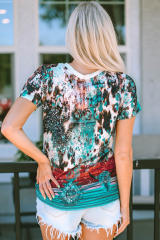 Green Bleached Western Print Blank Graphic T Shirt LC25220324-9