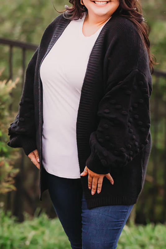 Black Pom Pom Detail Open Front Plus Size Cardigan PL271028-2