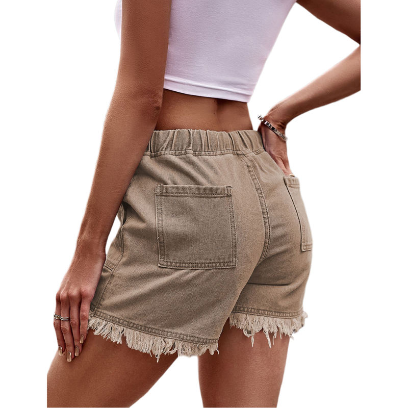 Khaki Drawstring Elastic Waist Denim Shorts TQH530086-21