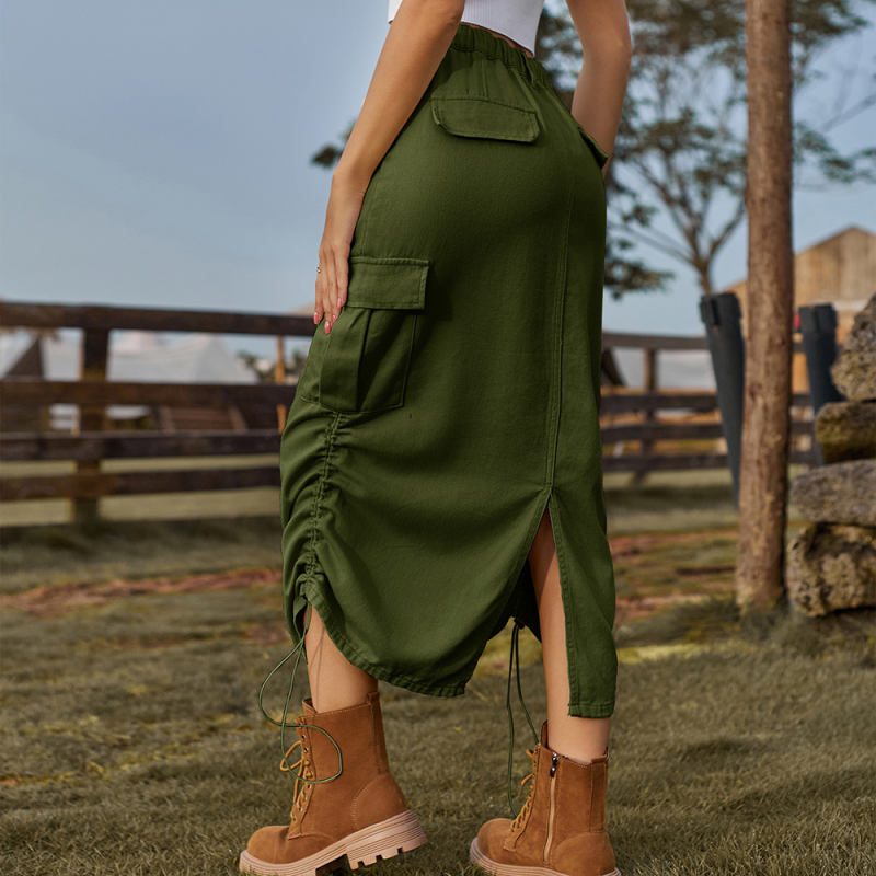 Army Green Drawstring Midi Skirt with Pocket TQH360094-27