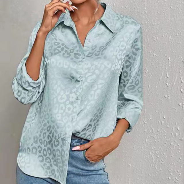 Lake Blue Leopard Print Satin Jacquard Shirt TQG220028-76