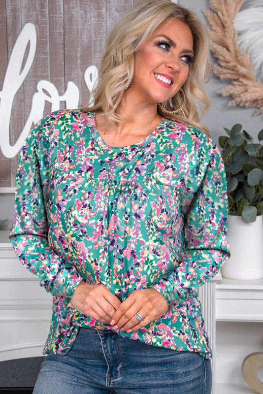 Green Floral Pleated Round Neck Long Sleeve Blouse LC25122450-9