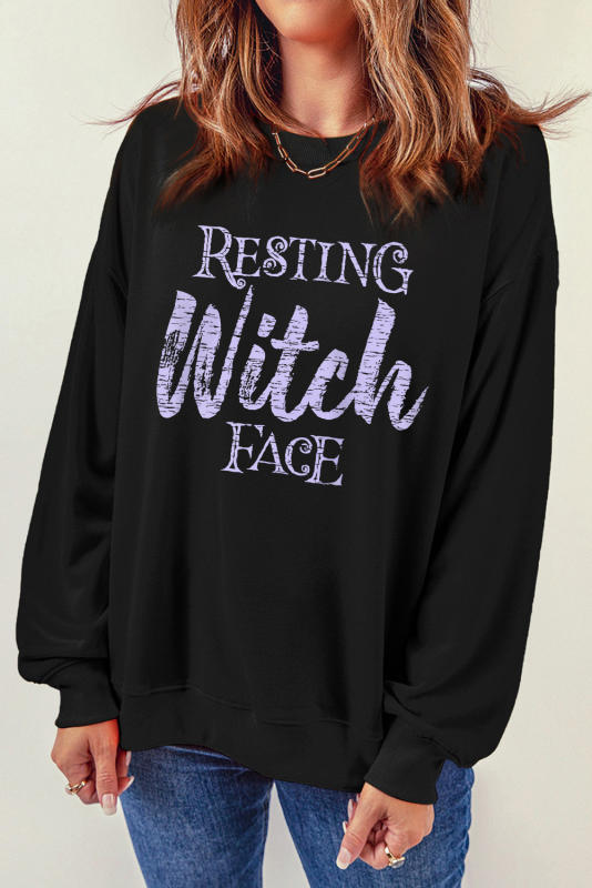 Black RESTING Witch FACE Graphic Pullover Sweatshirt LC25315329-2