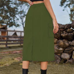 Army Green Washed Denim Midi Skirt with Pockets TQH360096-27