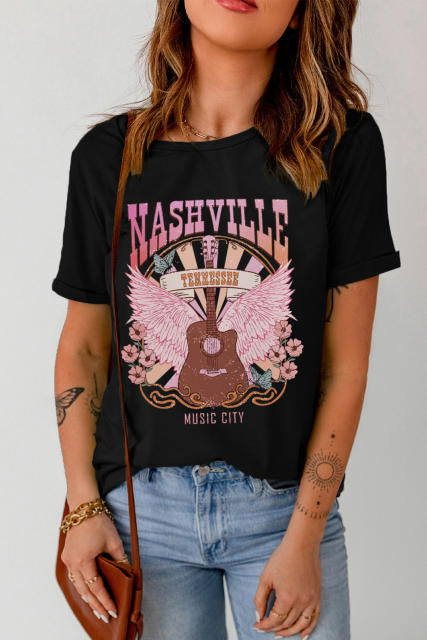 Black NASHVILLE Music City Graphic Print Short Sleeve Tee LC25222308-2