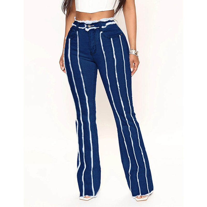 Dark Blue Elastic Mid-waist Raw Hem Jeans TQH510094-34
