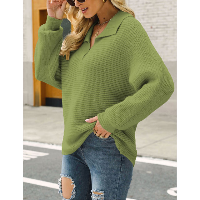 Green Lapel Collar Knit Pullover Oversize Sweater TQH270096-9