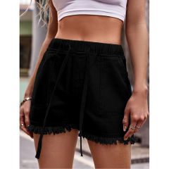 Black Drawstring Elastic Waist Denim Shorts TQH530086-2