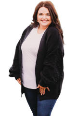 Black Pom Pom Detail Open Front Plus Size Cardigan PL271028-2