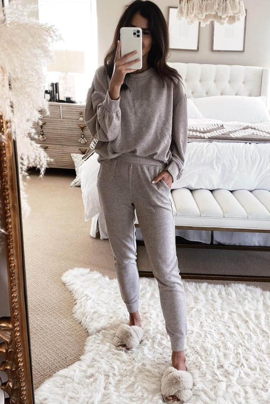 Gray Long Puff Sleeve Top Pocketed Casual Two Piece Set  LC15630-11