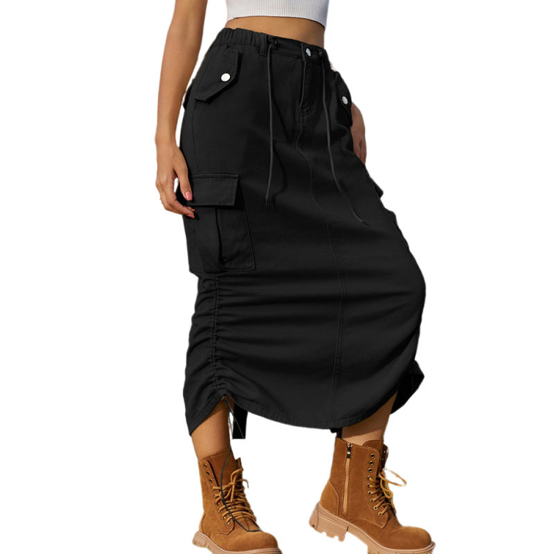 Black Drawstring Midi Skirt with Pocket TQH360094-2