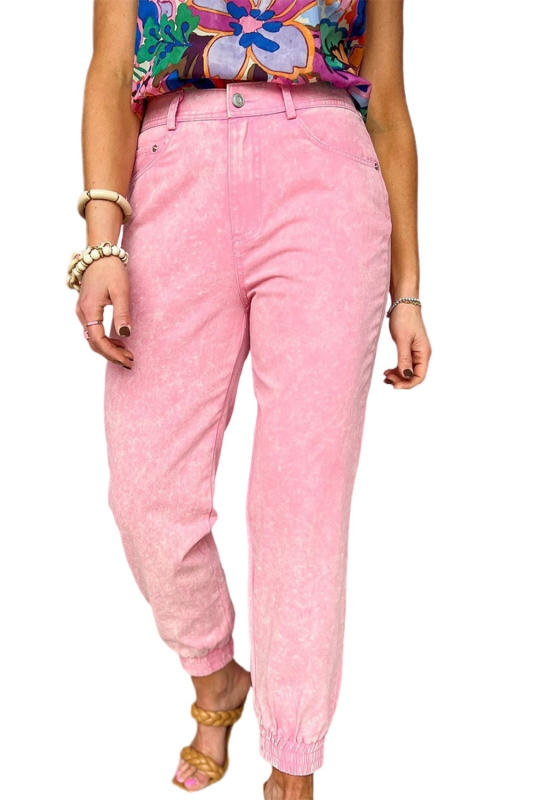 Pink Acid Wash Elastic Cuffed High Waist Jeans LC7873763-10