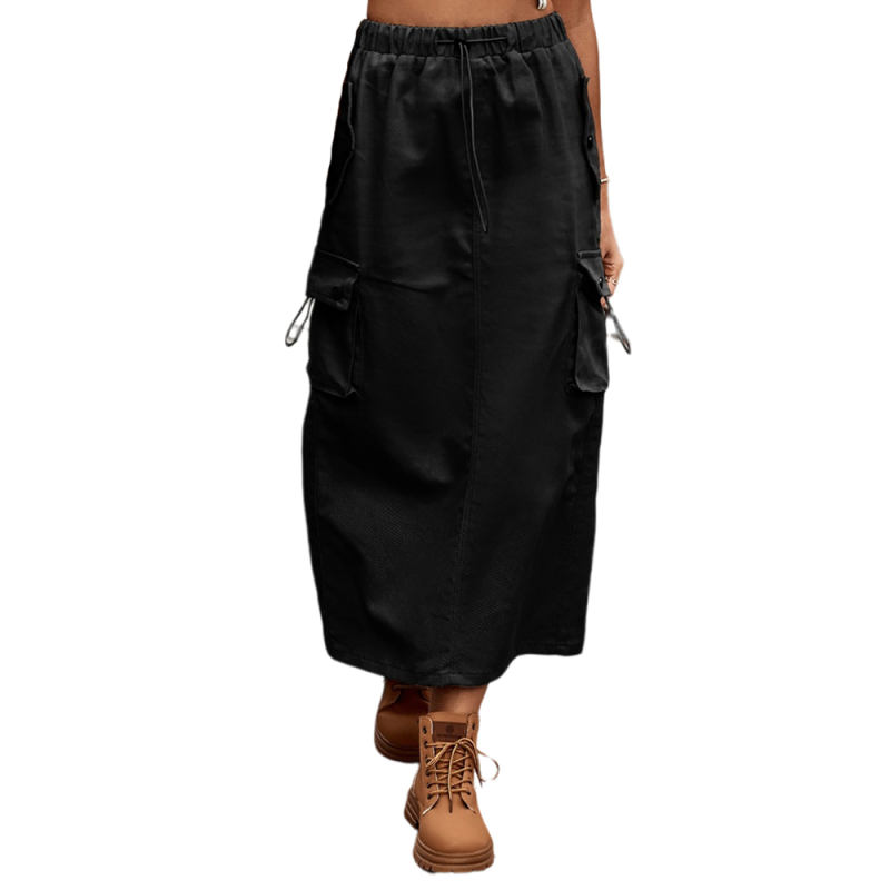 Black Solid Color Drawstring Waist Denim Skirt TQH360098-2