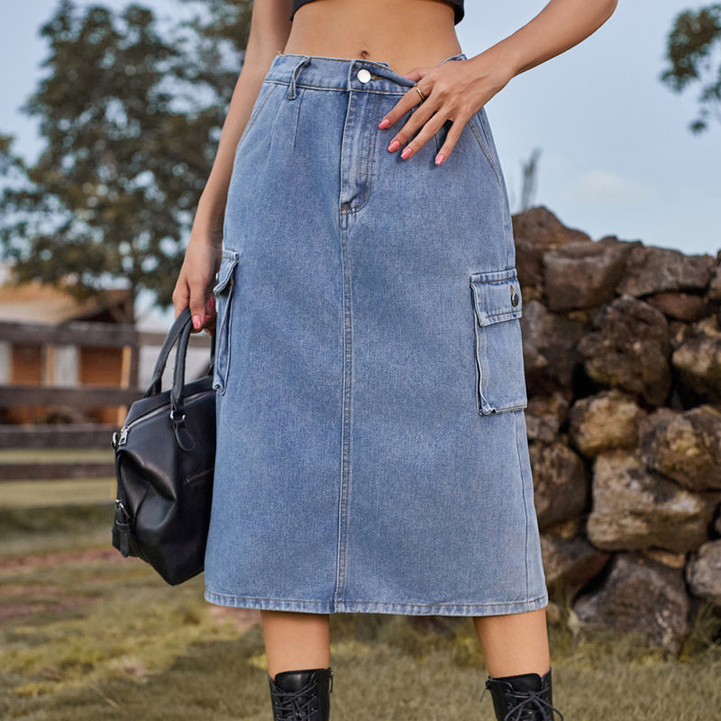 Blue Washed Denim Midi Skirt with Pockets TQH360096-5